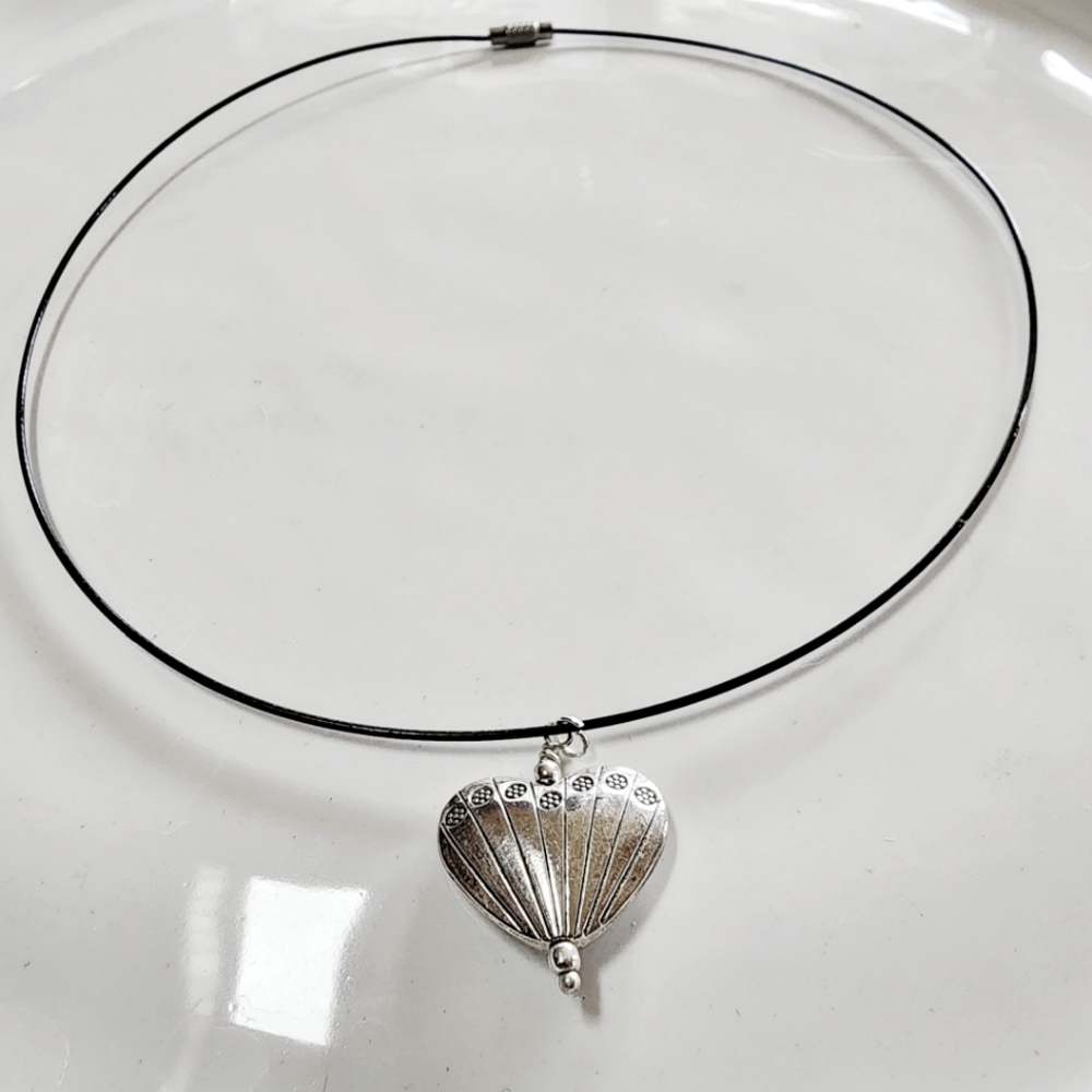 Vintage Silver Puffy Heart Charm Necklace Black Cord
